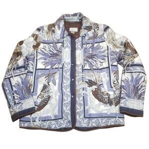 Vintage 80s Alberto Makali Silk Quilted Button Jacket Floral Bird Art Womens XL
